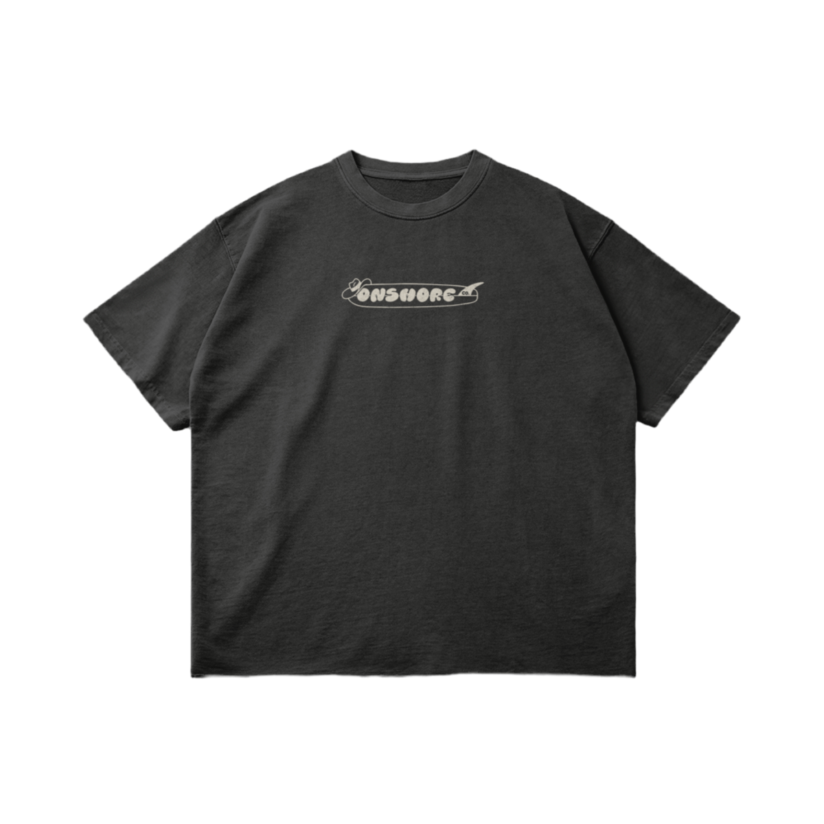Front of a dark grey t-shirt with a white Onshore Co. logo