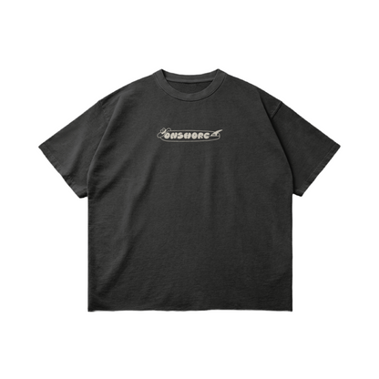 Front of a dark grey t-shirt with a white Onshore Co. logo