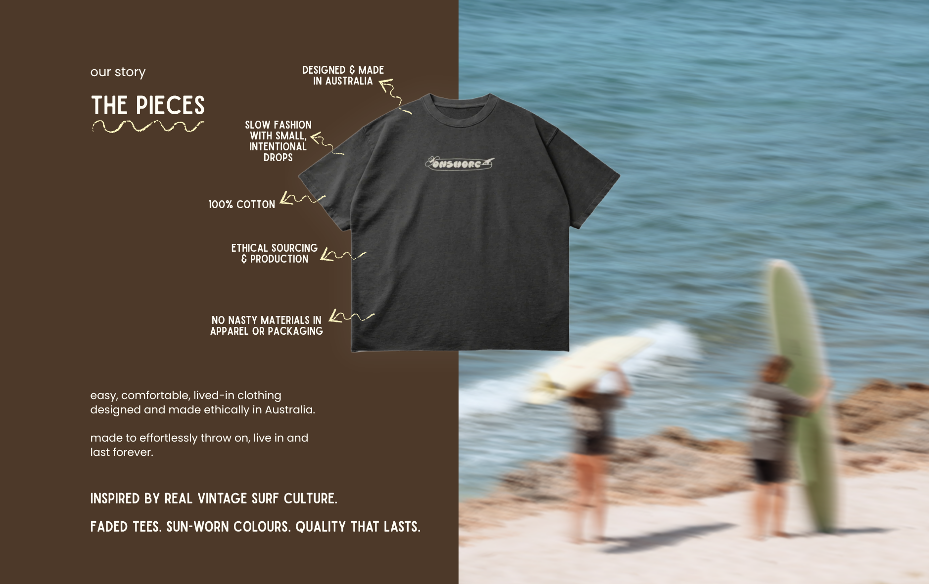 designed & made in Australia. slow fashion with small, intentional drops. 100% cotton. ethical sourcing & production. no nasty materials in apparel or packaging. Inspired by real vintage surf culture. Faded tees. Sun-worn colours. quality that lasts. easy, comfortable, lived-in clothing designed and made ethically in Australia. made to effortlessly throw on, live in and last forever.